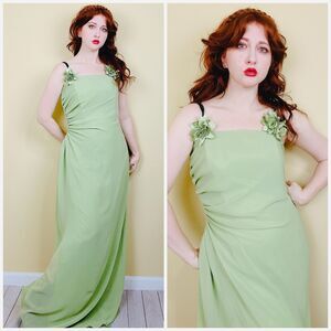 Y2K Jordan Mint Green Ruched / Vintage 3D Flower Fairy Maxi Prom Dress / Size XL